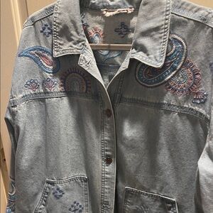 Johnny Was Light Blue Embroidered Denim Jacket with Paisley Motifs